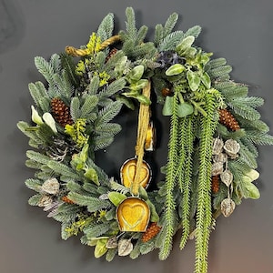 Evergreen Christmas wreath, Front door huge Christmas wreath decor Artificial pine wreath golden bells Home decor for Christmas outside door
