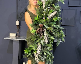 Christmas fireplace garland, Winter Christmas tree garland for mantel, Pine green mantelpiece garland long, Fake pinecones centerpiece