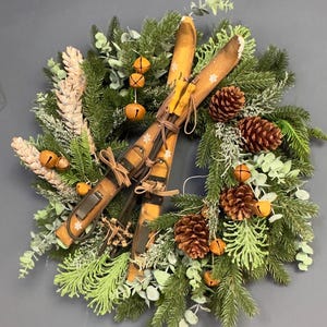Artificial Christmas wreath pinecone wooden ski, Green pine Christmas Wreath, Porch Christmas wreath, Evergreen advent winter door hanger