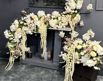 Beige & White Wedding Flower Garland – Hanging Amaranthus, Ranunculus, Peonies, Apple Blossom – Elegant Faux Floral Decoration
