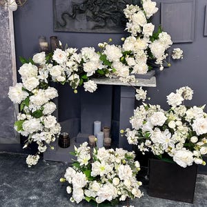 White Wedding Flower Garland Set – Faux Peony Rose Hydrangea Floral Decor – Mantel Arch Table Arrangement – Elegant Silk Flowers