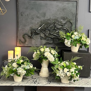 Faux Floral Arrangement Ivory Roses White Hydrangea  flowers in Vase Table centerpiece home wedding decor Fake floral Accent Piece