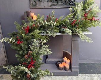 Christmas Fireplace Garland with Red Berries & Pinecones | Lush Greenery with Eucalyptus | Holiday Mantel Decoration