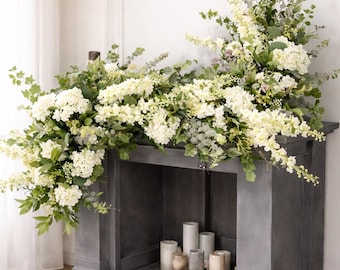Luxury White Hydrangea Garland, Wedding Arch Flowers, Fireplace Mantel Decor, Artificial Greenery Garland, Wedding Backdrop Floral Swag