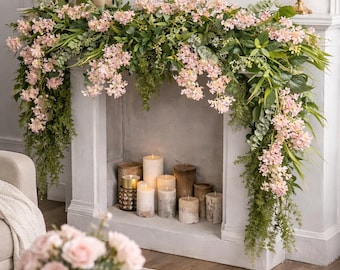 Pink Wedding Garland (1–2m) – Romantic Floral Fireplace Decor, Silk Flower Arch Swag, Greenery Table Runner, Luxury Ceremony Backdrop