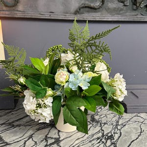 Elegant Artificial Flower Arrangement Ivory Roses White Hydrangea in Vase Table centerpiece home wedding decor Fake floral Accent Piece