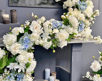 Guirlanda floral para arco de casamento | Guirlanda de flores artificiais de luxo em branco e azul para a mesa dos noivos na cerimônia