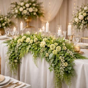 Könnte beinhalten: Ein festlich gedeckter Hochzeitstisch mit weißer Tischdecke, Blumengestecken, Kerzen und Gläsern. Der Mittelpunkt ist eine Girlande aus grünem Laub und weißen Blumen. Die Szene wird von Kerzen und Lichterketten beleuchtet.