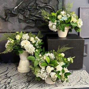 Elegant Faux Floral Arrangement Ivory Roses White Hydrangea  flowers in Vase Table centerpiece home wedding decor Fake floral Accent Piece