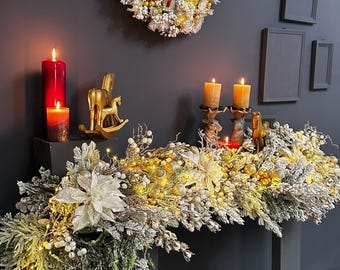 Luxury Gold Christmas Fireplace Garland with Lights – Elegant White & Gold Holiday Mantel Decor, Premium Xmas Garland
