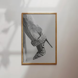 May include: A framed black and white photograph showing a pointed-toe stiletto pump with a zebra stripe pattern. The shoe is worn with cuffed denim jeans, highlighting the contrast between the textured fabric of the pants and the sleek shoe design.