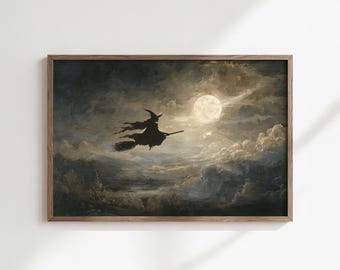flying witch oil painting print | vintage cottage farmhouse halloween gallery wall art | spooky antique witch art | shipped print (Unframed)