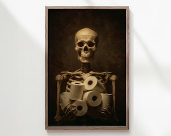 bathroom skeleton toilet paper wall art painting | funny halloween bathroom art | dark academia guest bath decor | shipped prints (Unframed)