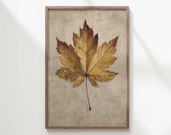 vintage maple leaf print | autumn botanical wall art | beige antique nature painting | rustic fall decor | golden leaf wall print | SHIPPED