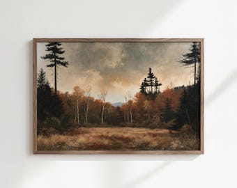 vintage autumn forest wall art | moody forest landscape painting | rustic farmhouse kitchen decor | vintage fall woodland print | SHIPPED