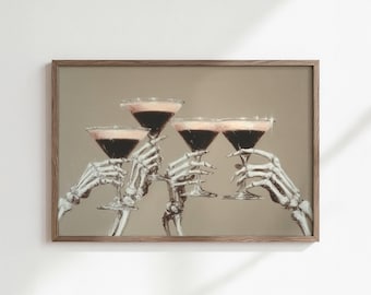 skeleton martini oil painting print | vintage halloween gallery wall art | dark academia spooky home bar wall art | shipped print (Unframed)