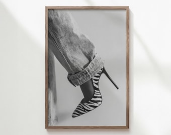 zebra heel fashion wall art, glam black and white print high heel photography poster college apartment decor dorm room decor aesthetic