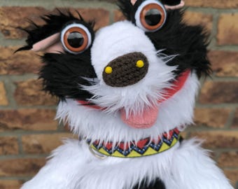 Border collie dog full body hand puppet, Hungry puppet with an internal pocket for feeding