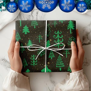 Black Gold Green Christmas Tree Gift Wrap Paper, Christmas Wrapping Paper Roll, Holiday Xmas Wrapping Present Packaging