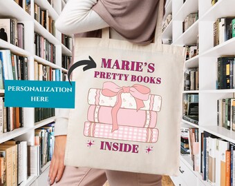 Custom Bookish Tote Bag, Library Book Club Merch, Pretty Books Inside Cotton Canvas Bag