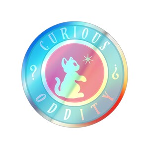 Holographic Sticker, Curious Oddity Cat Logo, Cat Lover Gift, Cute Cat Stickers, Laptop Decals, Journal Stickers
