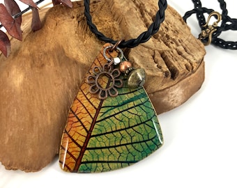 Large Handcrafted Polymer Leaves  on unique Necklace with Pin Option