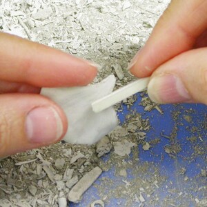 May include: Hands holding a small, white, petal-shaped object and a thin, rectangular piece. The objects are being manipulated against a background of small, gray fragments. The scene suggests a craft or artistic activity.