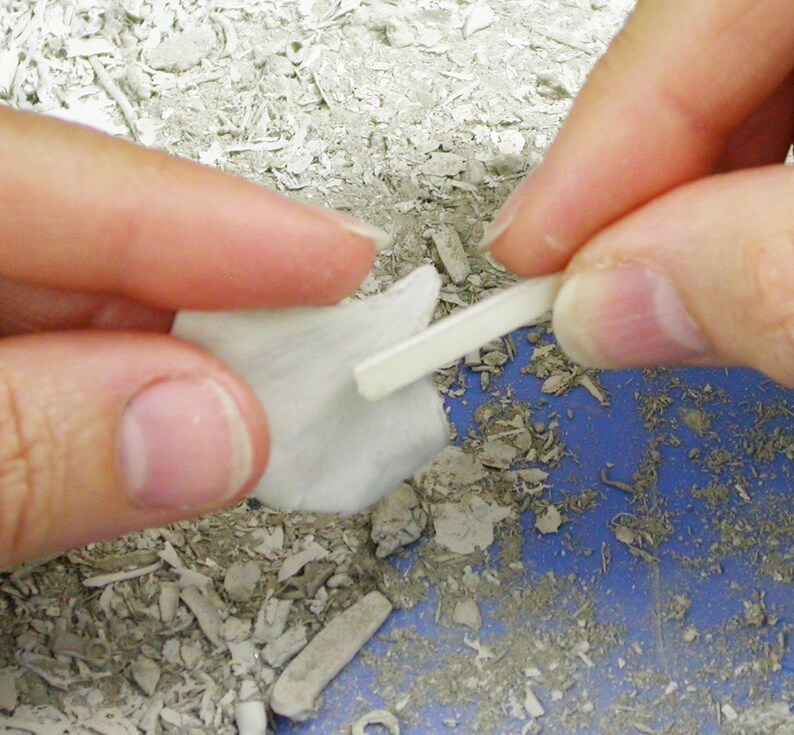 May include: Hands holding a small, white, petal-shaped object and a thin, rectangular piece. The objects are being manipulated against a background of small, gray fragments. The scene suggests a craft or artistic activity.