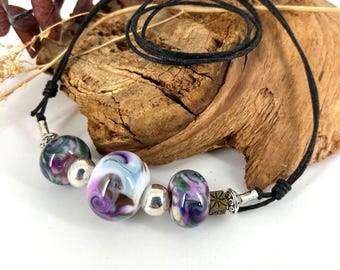 Swirly Blues and Purple Handmade Glass Bead Adjustable Necklaces