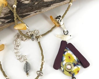 Beaded Handmade Necklace with Handmade Birdhouse Pendant in Purples and Greens