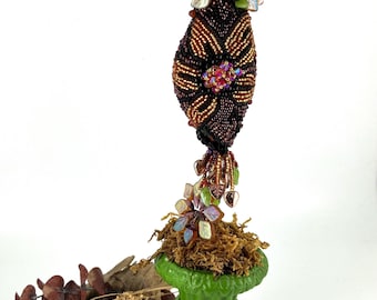 Sunflower Beaded OOAK Fabric Collectors Doll is Potted for the indoor garden