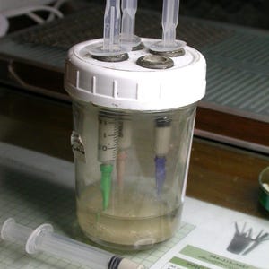 May include: A clear glass jar with a white lid, containing liquid and syringes with colored tips. A syringe lies in front of the jar. A printed chart with text is visible. The jar has four clear plastic tubes on top.