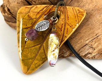 Airy Golden Leaves paired with natural beads on black Cord Necklace