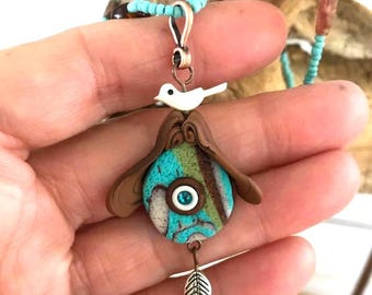 Beaded Handmade Necklace with Handmade Birdhouse Pendant in Blues