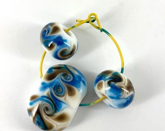 White and Blue Swirls cover these Handmade Lampwork bead sets with Large Focals