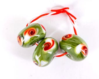 Christmasy Green Based Swirls  Handmade Lampwork bead sets with Large Focal