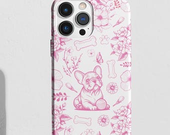 Pink Frenchie Toile iPhone Case, French Bulldog Dog Mom Gift, Custom Name Phone Cover for Pet Lovers, Girly Aesthetic iPhone Case