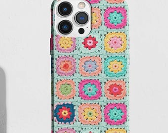 Pastel Crochet iPhone Case, Faux Knitted Granny Squares Phone Cover, Bday Gift for Mom Bestie, or Teen, X Max, Pro, 11, 12, 13, 14, 15, 16