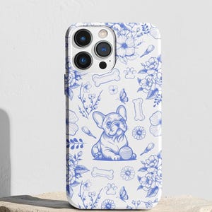Blue Frenchie Dog Mom iPhone Case, French Bulldog Toile Design, Personalized Pet Lover Gift, Elegant Dog Pattern iPhone Cover