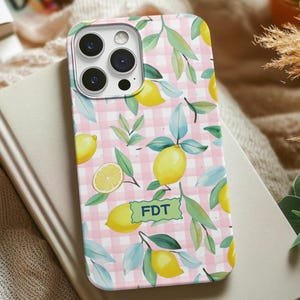Personalized Pink Lemon Gingham iPhone Case, Custom Monogram Phone Cover, Cute Birthday Gift for Mom, Sister, X Max Pro 11 12 13 14 15 16