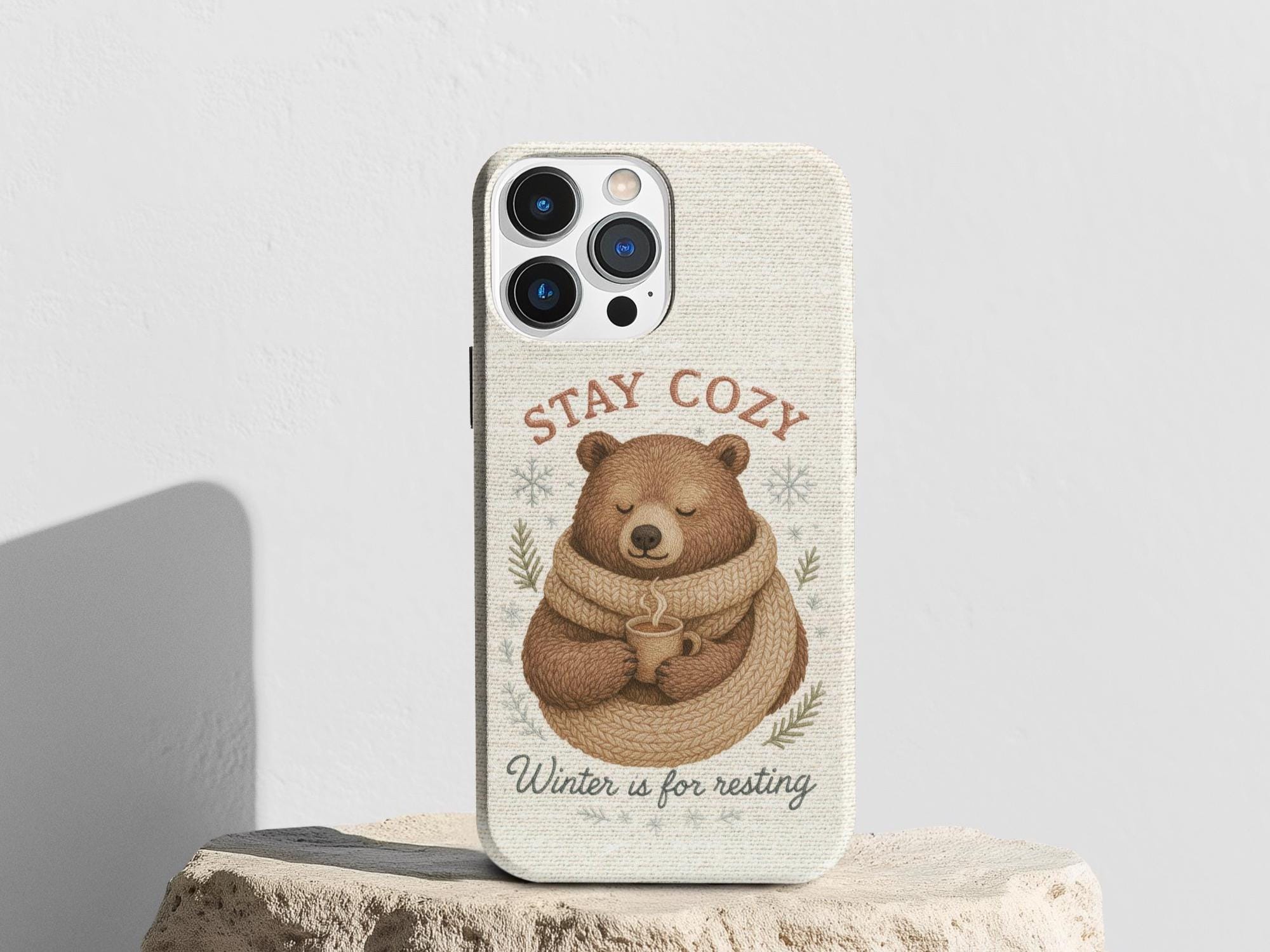 iPhone Case, Stay Cozy Winter is for Resting, Tough Phone Cover, Faux Embroidery Bear Design, Protective Smartphone Case, Cute Bear