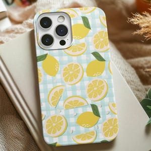 Cute Lemon Gingham iPhone Case for X Max Pro, 10, 11, 12, 13, 14, 15, 16, Cottagecore Phone Cover, Summer Gift for Her, Bright Fruit Design