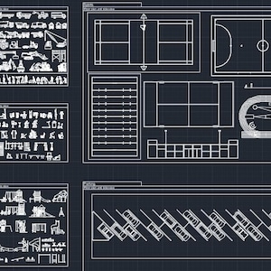 May include: A blueprint style diagram showing various sports field layouts. The diagram includes a tennis court, a basketball court, a soccer field, a running track, and a playground.