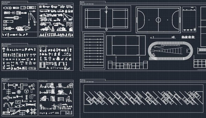 May include: A blueprint style diagram showing various sports field layouts. The diagram includes a tennis court, a basketball court, a soccer field, a running track, and a playground.