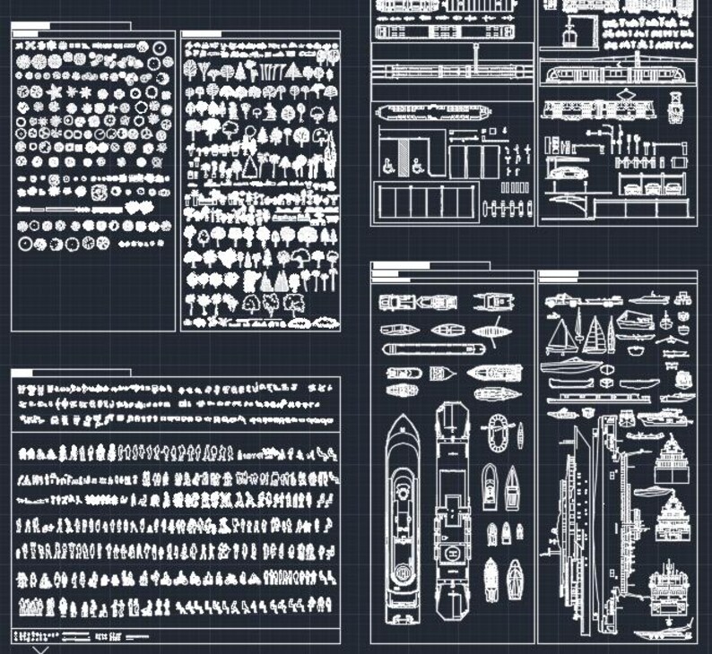 May include: A black and white blueprint style illustration sheet with various symbols and icons. The sheet includes symbols for trees, cars, boats, buildings, and other objects. The sheet is divided into sections with different categories of symbols.