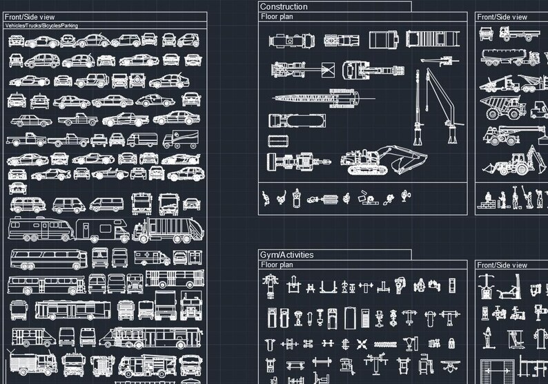 May include: A black and white line drawing of various vehicles, construction equipment, and gym equipment. The drawing includes cars, trucks, buses, cranes, excavators, treadmills, weight machines, and more.