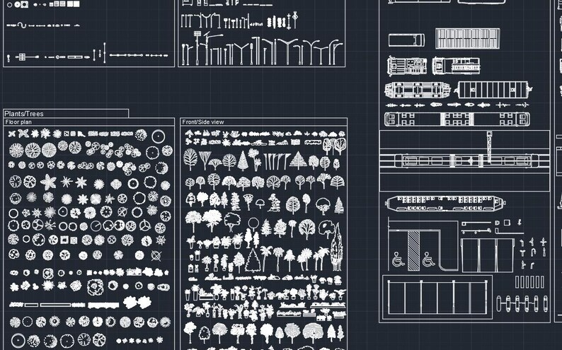 May include: A black and white blueprint with various symbols and drawings of plants, trees, and street furniture. The blueprint includes a floor plan and a front side view of the objects.