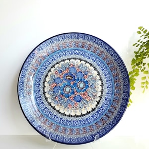 10-1/4" plate Polish Pottery. Indigo flower pattern. Stoneware. Handmade in Poland