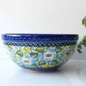 Bowl 7-1/2&quot; diameter green and blue handmade signed polish pottery stoneware tableware microwave dishwasher oven safe gift Kalich Poland