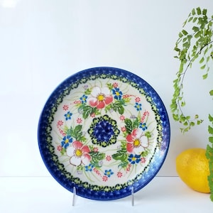 7-1/2" dessert plate Apple blossom pattern handmade signed polish pottery stoneware